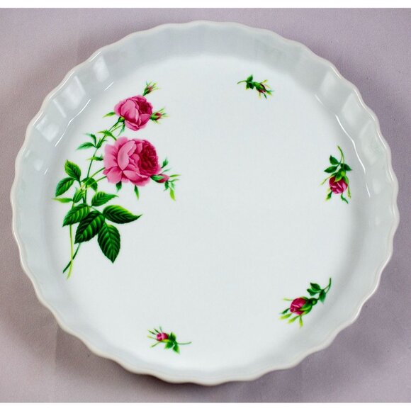 Vintage Christine Holm Fluted Edge Quiche Tart Pie Dish Pink Rose Pattern 9.5" - Picture 3 of 11